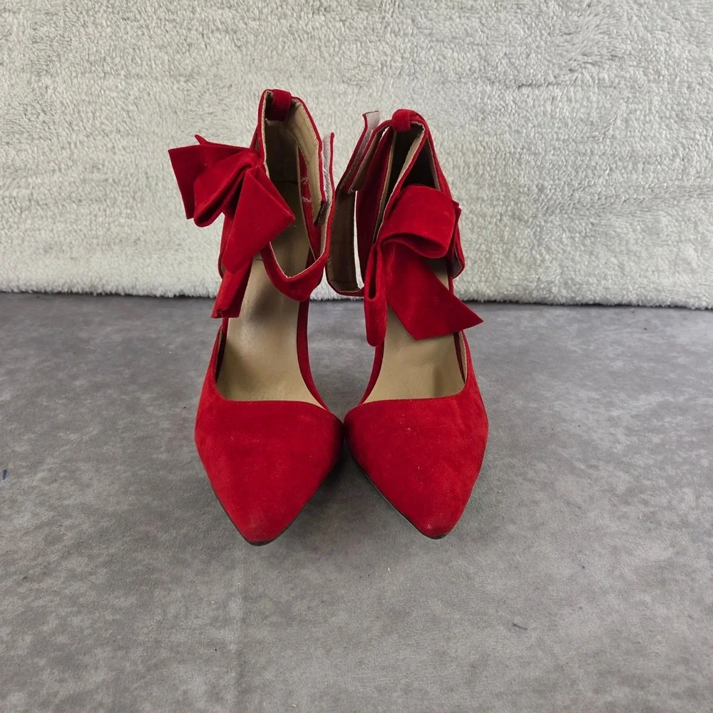 MM Joly Red Faux Suede Pointed Toe Bow Ankle Strap Pumps Stiletto Heels Size 9
